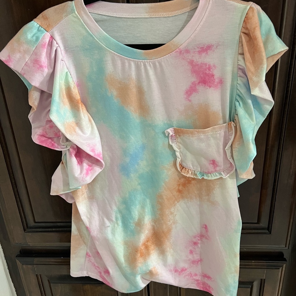 Pastel Tie-Dye Ruffle Sleeve Top | Size S | Flutter Sleeve Pocket Tee